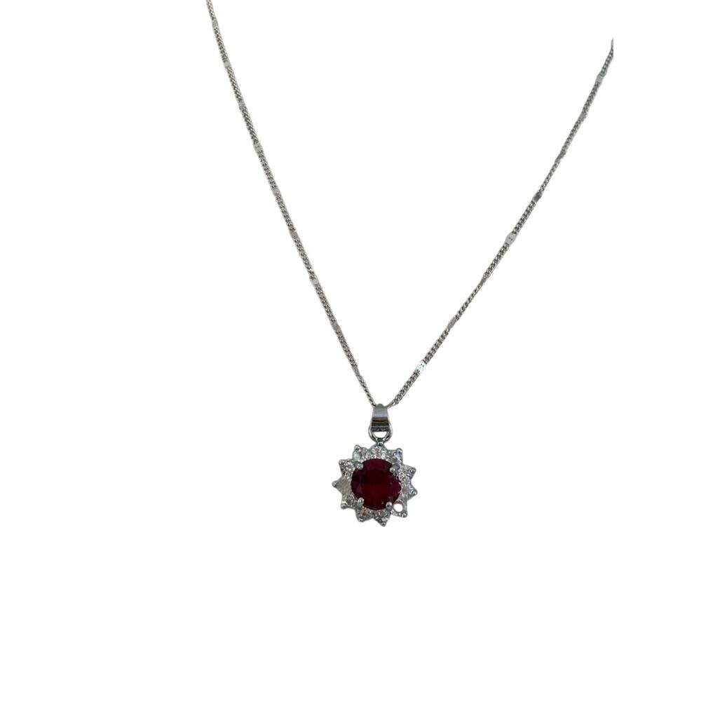 Silver Red Crystal Flower Pendant Necklace Women Elegant Statement Jewelry - Picture 3 of 4
